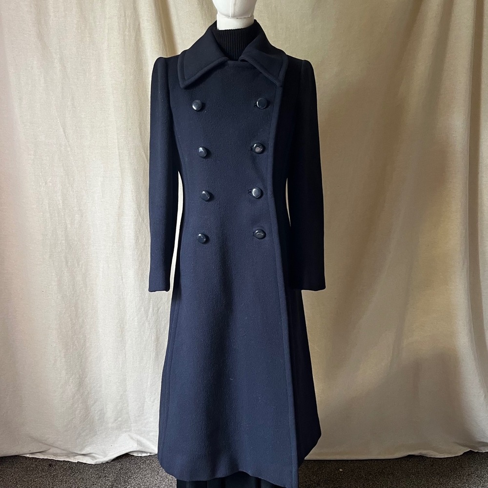 Vintage 1960s Navy Wool Princess Coat Women's XS S Made in USA Double Breasted